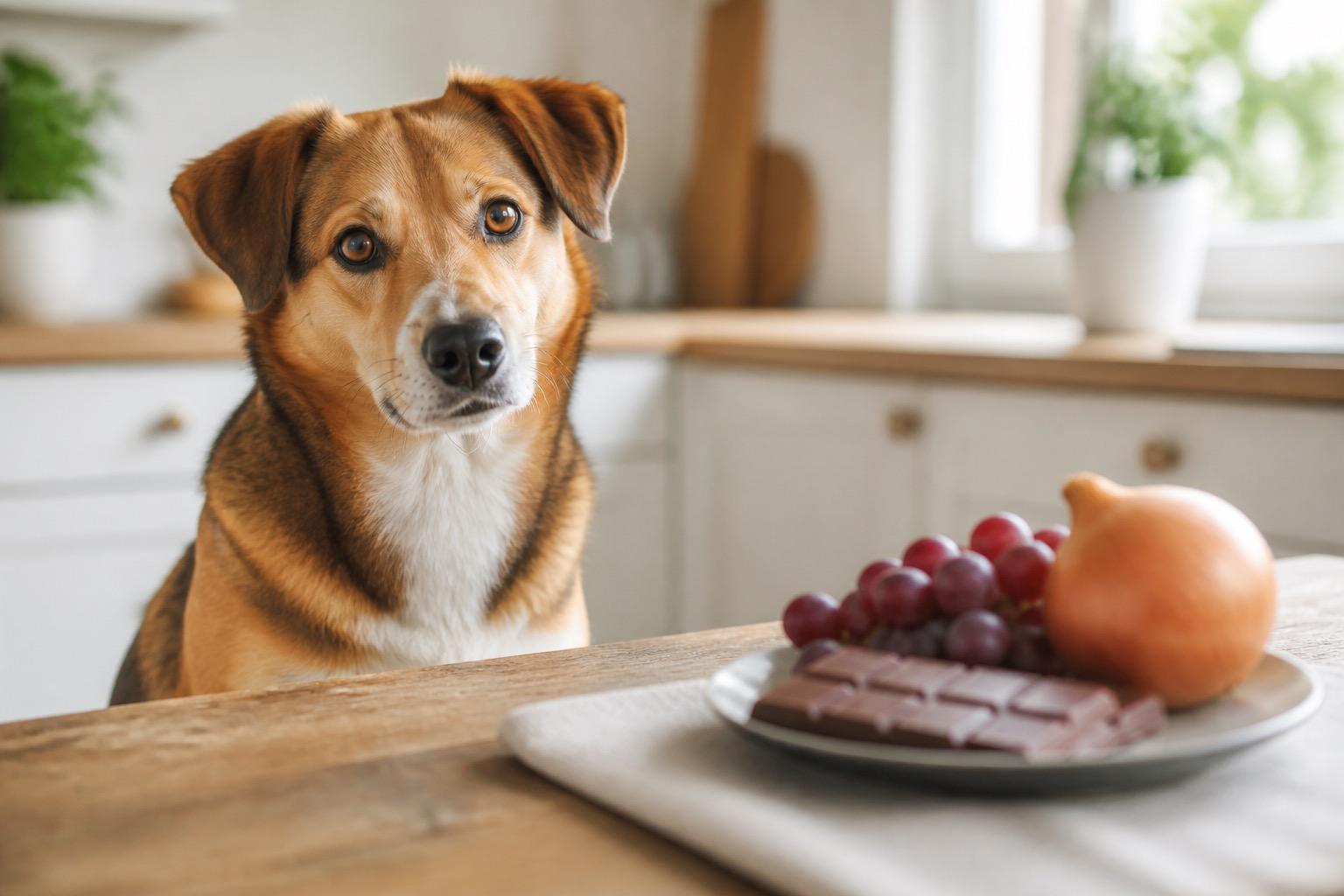 Cão atento na cozinha junto a alimentos humanos que podem ser perigosos