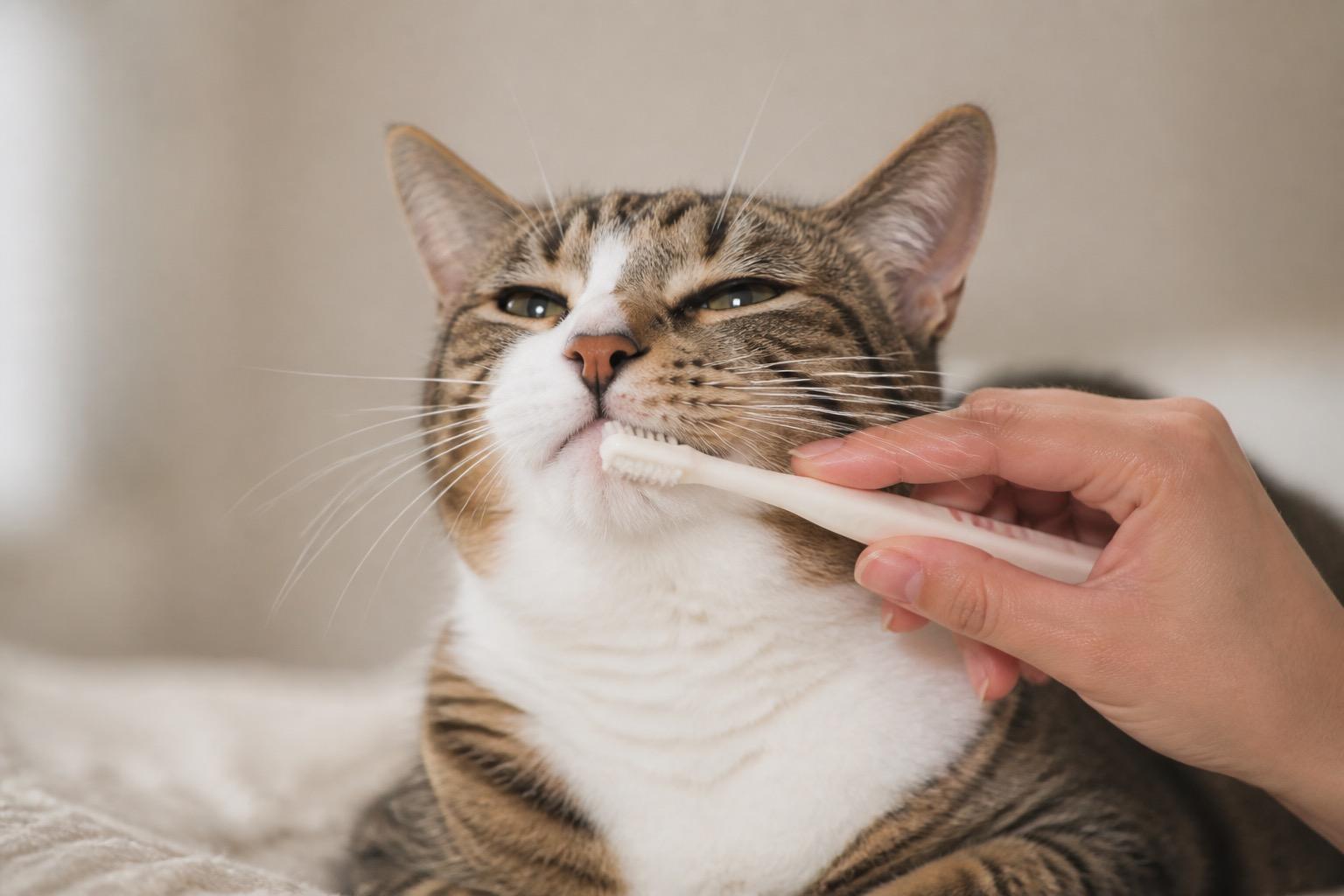 Gato calmo a ter os dentes escovados com escova própria para animais