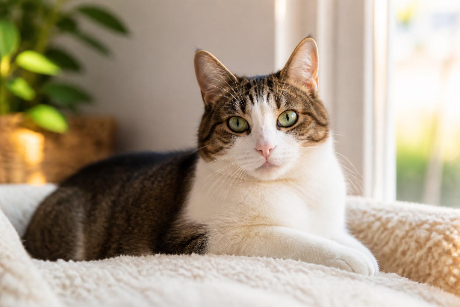 Gato saudável e calmo junto a uma janela com luz natural